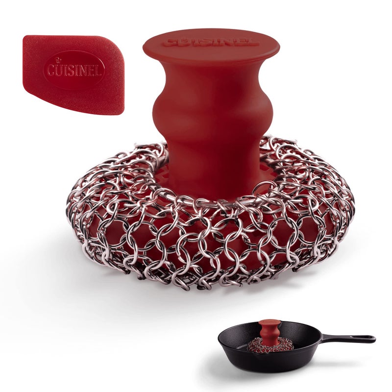 Cuisinel منظف ​​سلسلة البريد من الحديد الزهر + مكشطة المقلاة - وعاء ومقلاة مريح فاخر من الفولاذ المقاوم للصدأ/السيليكون - تصميم آمن للطعام - أواني طهي آمنة للاستخدام في غسالة الأطباق سهلة التنظيف - ملحق إسفنجة المطبخ - Image 1